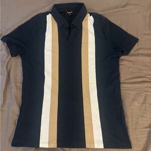 Express Navy Polo with White and Tan Stripes